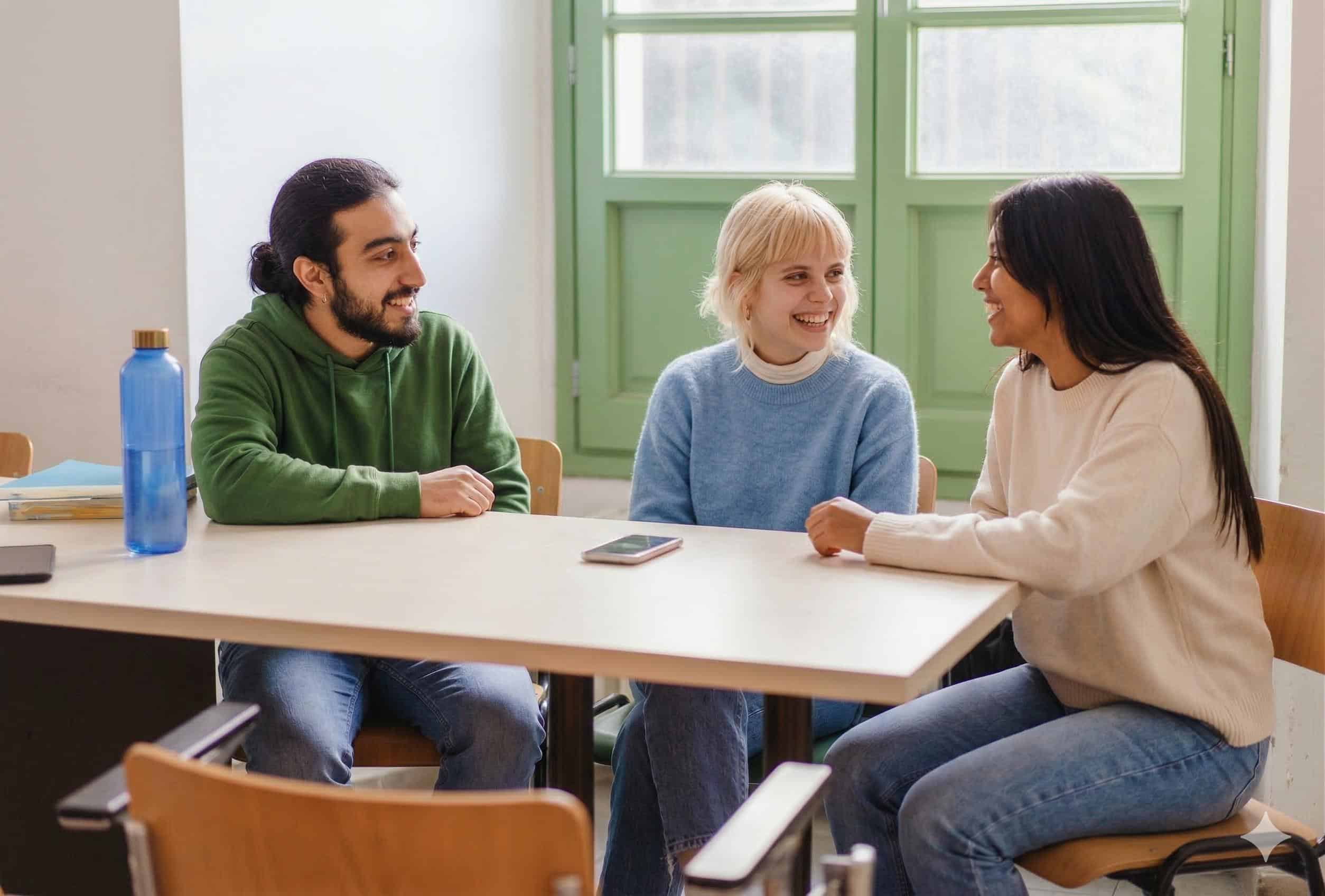 Étudiants discutant d’un projet entrepreneurial en équipe dans une salle de cours à Ionis-STM