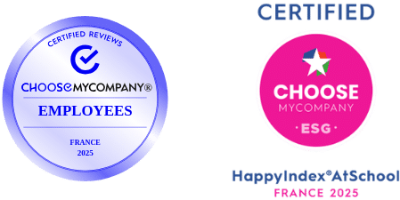 Logos HappyAtWork et HappyAtSchool de ChooseMyCompany certifiant l’expérience étudiants et salariés à Ionis-STM