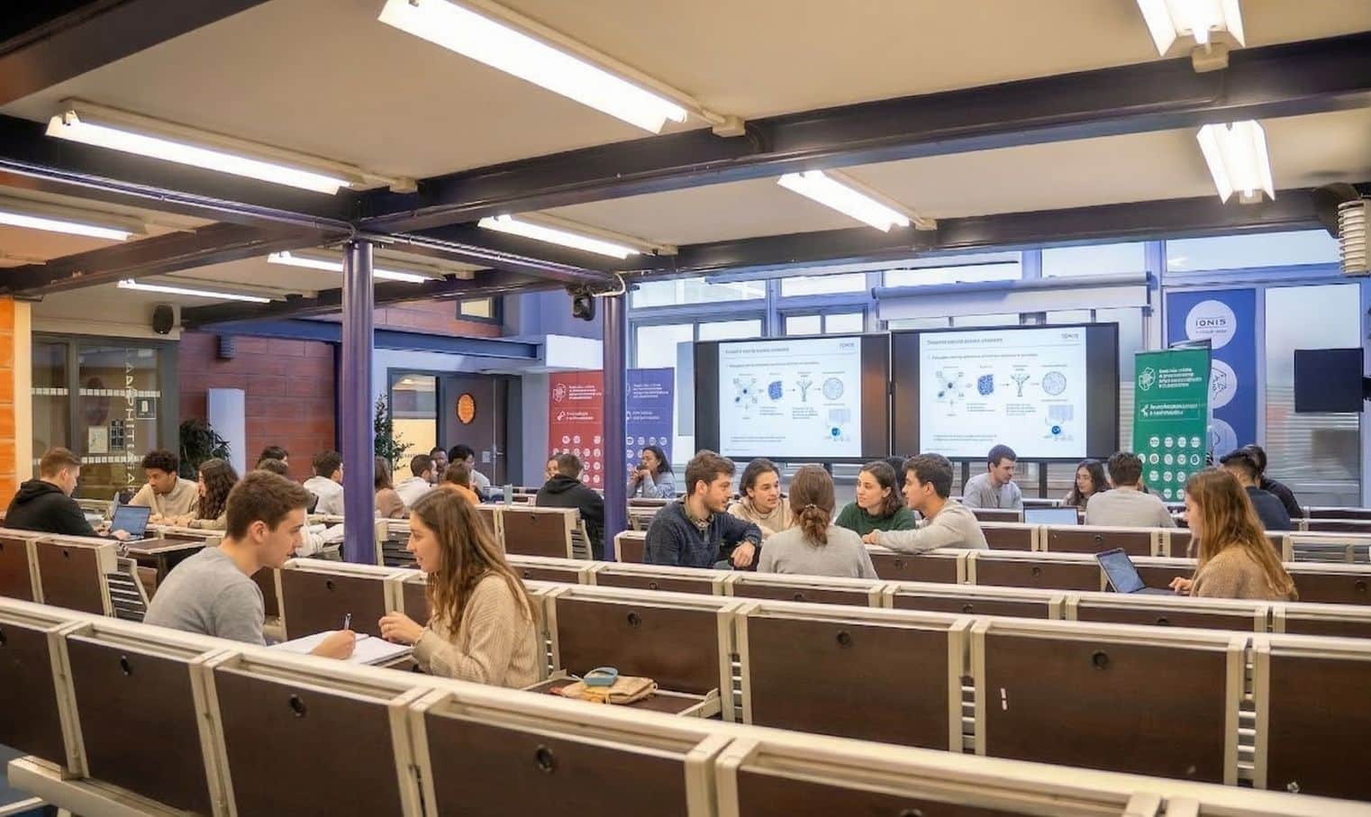Étudiants travaillant en groupe dans un amphithéâtre du campus Ionis-STM à Paris