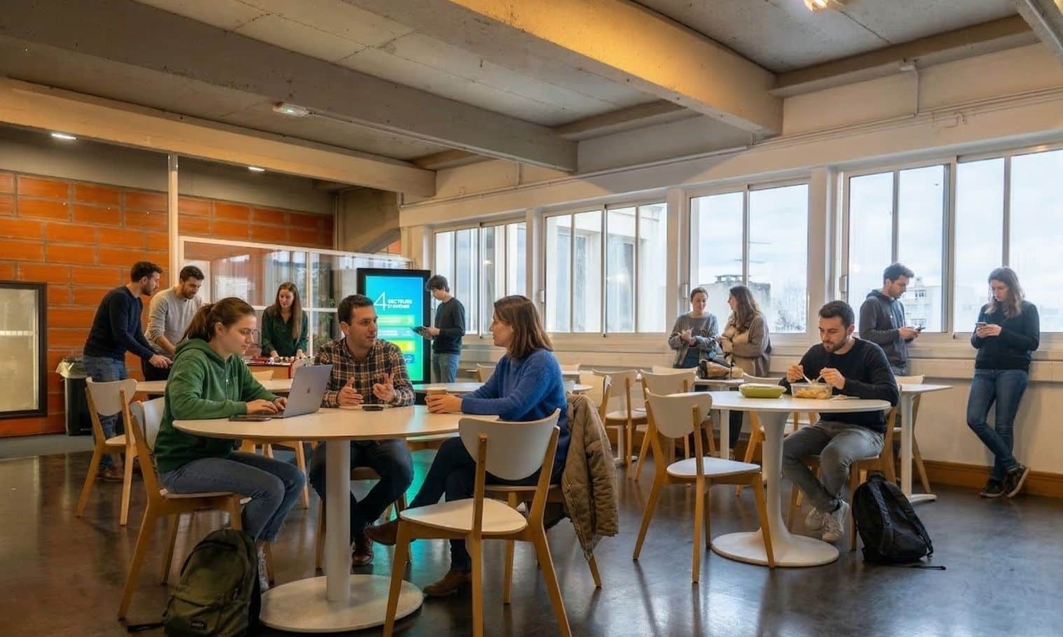 Étudiants travaillant et discutant dans un espace collaboratif du campus Ionis-STM